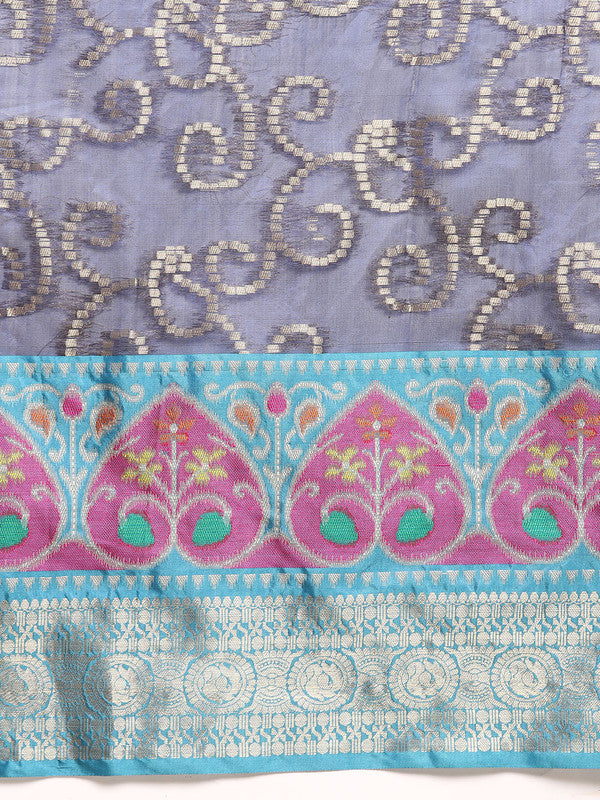Navy Blue Silk Blend Woven Zari Design Floral Saree with Unstitched Blouse - Hiral Fashion | Swadesiicart