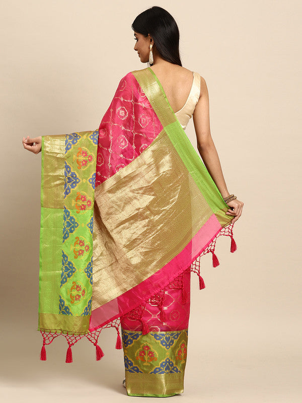 Pink Silk Blend Woven Zari Design Geomatric Saree with Unstitched Blouse - Hiral Fashion | Swadesiicart