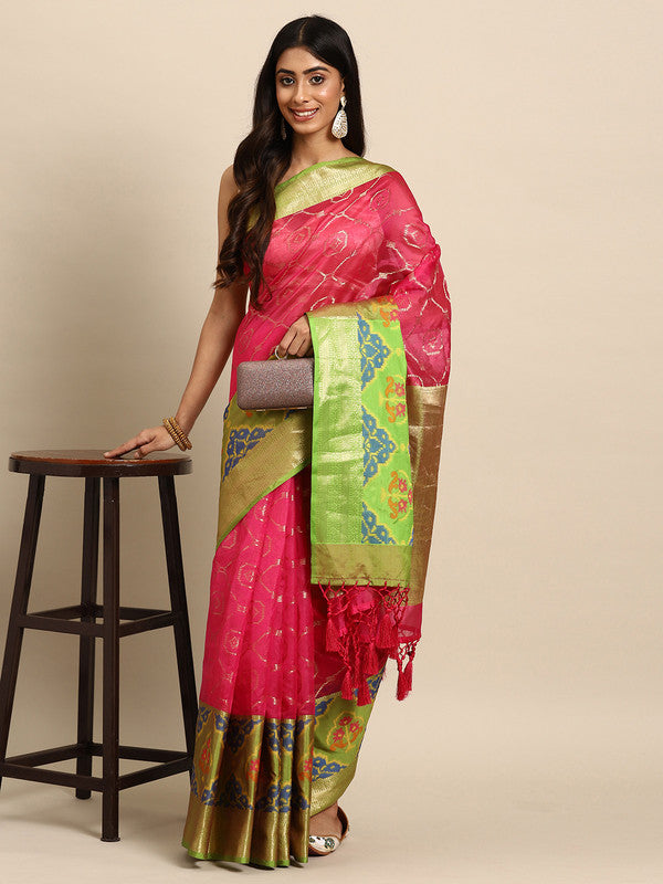 Pink Silk Blend Woven Zari Design Geomatric Saree with Unstitched Blouse - Hiral Fashion | Swadesiicart