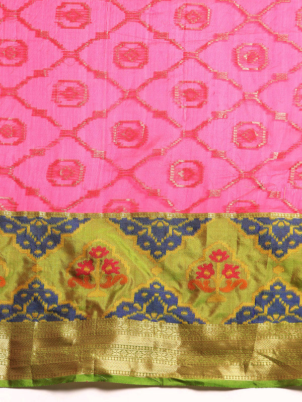 Pink Silk Blend Woven Zari Design Geomatric Saree with Unstitched Blouse - Hiral Fashion | Swadesiicart