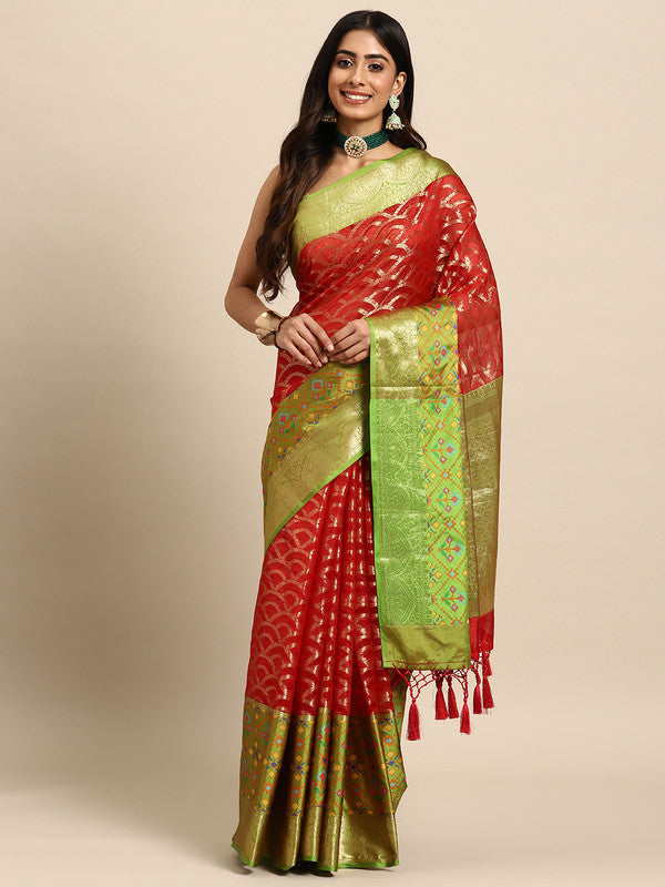 Red Silk Blend Woven Zari Design Striped Saree with Unstitched Blouse - Hiral Fashion | Swadesiicart