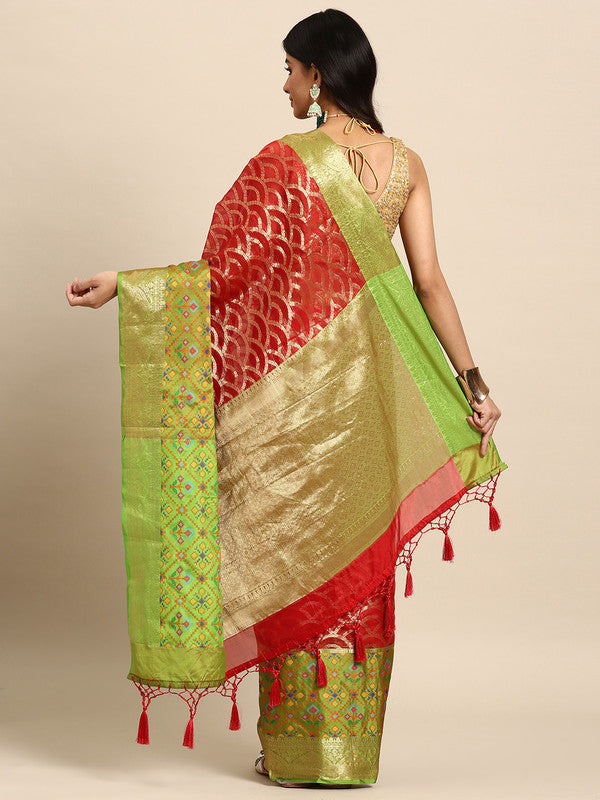 Red Silk Blend Woven Zari Design Striped Saree with Unstitched Blouse - Hiral Fashion | Swadesiicart