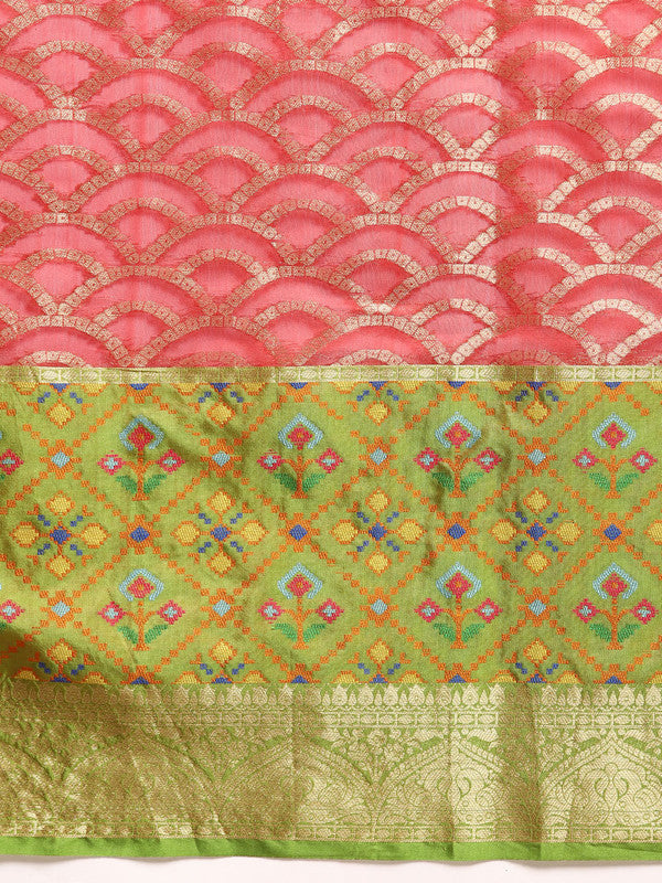 Red Silk Blend Woven Zari Design Striped Saree with Unstitched Blouse - Hiral Fashion | Swadesiicart