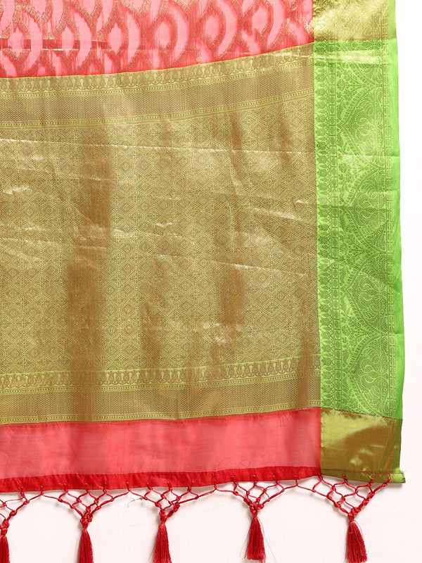 Red Silk Blend Woven Zari Design Striped Saree with Unstitched Blouse - Hiral Fashion | Swadesiicart