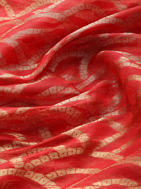 Red Silk Blend Woven Zari Design Striped Saree with Unstitched Blouse - Hiral Fashion | Swadesiicart
