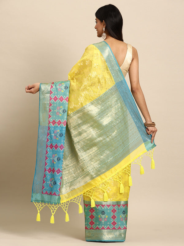 Yellow Silk Blend Woven Zari Design Geomatric Saree with Unstitched Blouse - Hiral Fashion | Swadesiicart