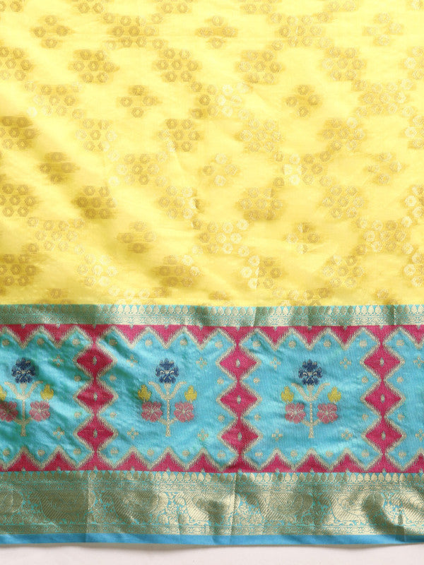 Yellow Silk Blend Woven Zari Design Geomatric Saree with Unstitched Blouse - Hiral Fashion | Swadesiicart