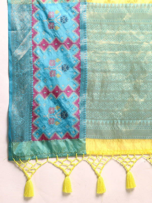 Yellow Silk Blend Woven Zari Design Geomatric Saree with Unstitched Blouse - Hiral Fashion | Swadesiicart
