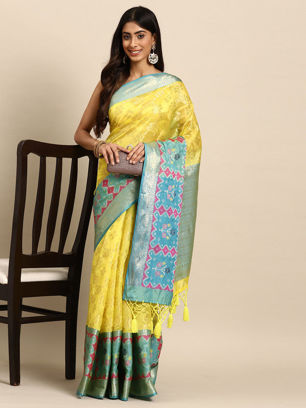Yellow Silk Blend Woven Zari Design Geomatric Saree with Unstitched Blouse - Hiral Fashion | Swadesiicart