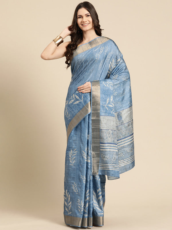 Blue Silk Blend Digital Print Floral Saree with Unstitched Blouse - Hiral Fashion | Swadesiicart