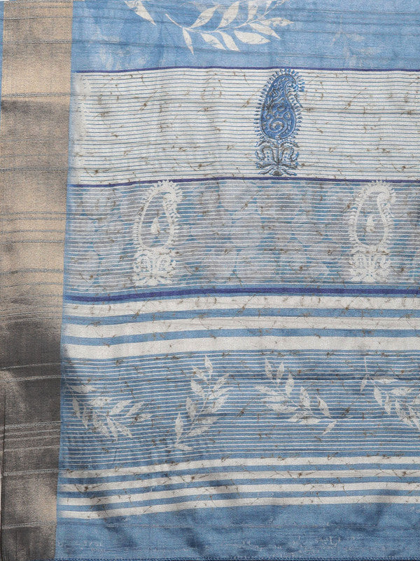 Blue Silk Blend Digital Print Floral Saree with Unstitched Blouse - Hiral Fashion | Swadesiicart