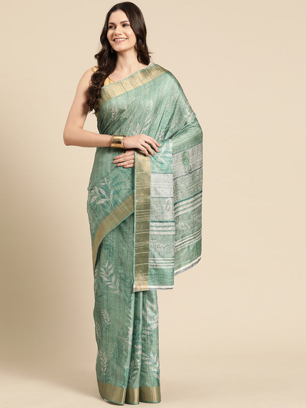 Green Silk Blend Digital Print Floral Saree with Unstitched Blouse - Hiral Fashion | Swadesiicart