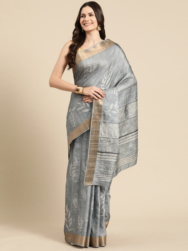 Gray Silk Blend Digital Print Floral Saree with Unstitched Blouse - Hiral Fashion | Swadesiicart