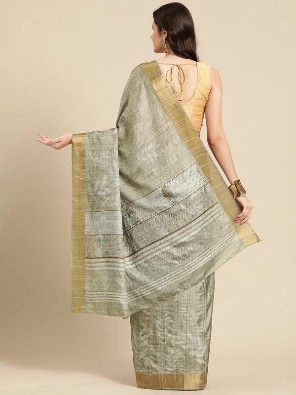 Olive Silk Blend Digital Print Floral Saree with Unstitched Blouse - Hiral Fashion | Swadesiicart