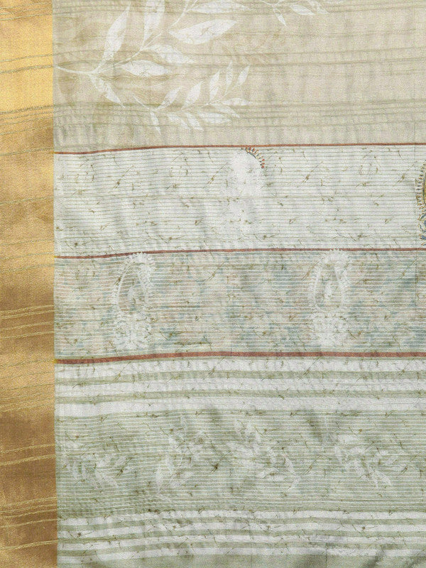 Olive Silk Blend Digital Print Floral Saree with Unstitched Blouse - Hiral Fashion | Swadesiicart