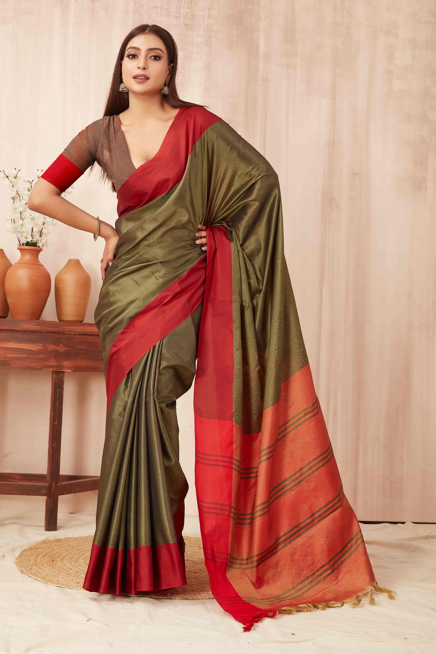 Hiral Fashion Olive Banarasi Soft Silk Solid Saree | Swadesiicart