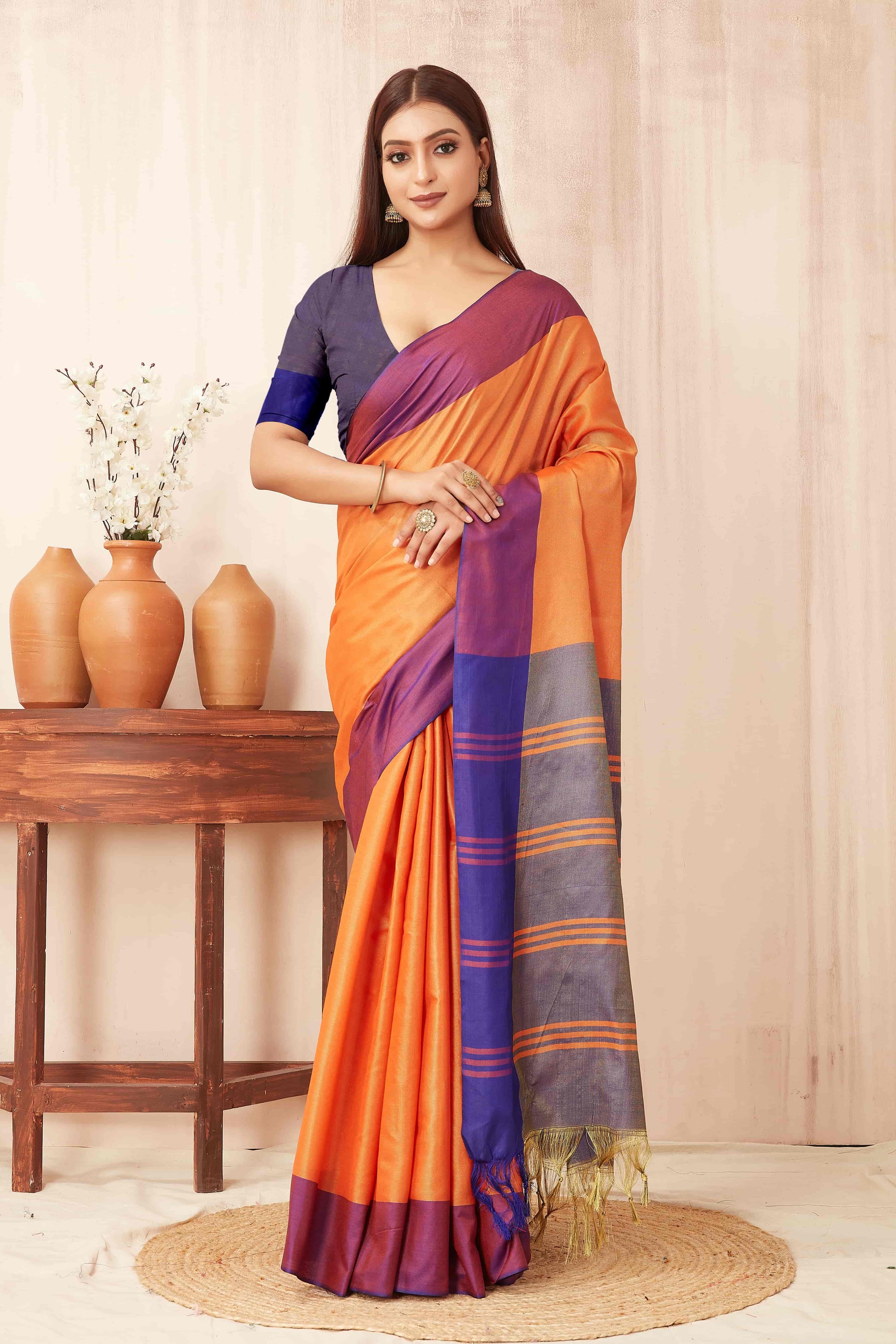 Hiral Fashion Orange Banarasi Soft Silk Solid Saree | Swadesiicart