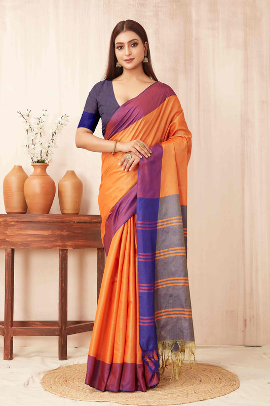 Hiral Fashion Orange Banarasi Soft Silk Solid Saree | Swadesiicart