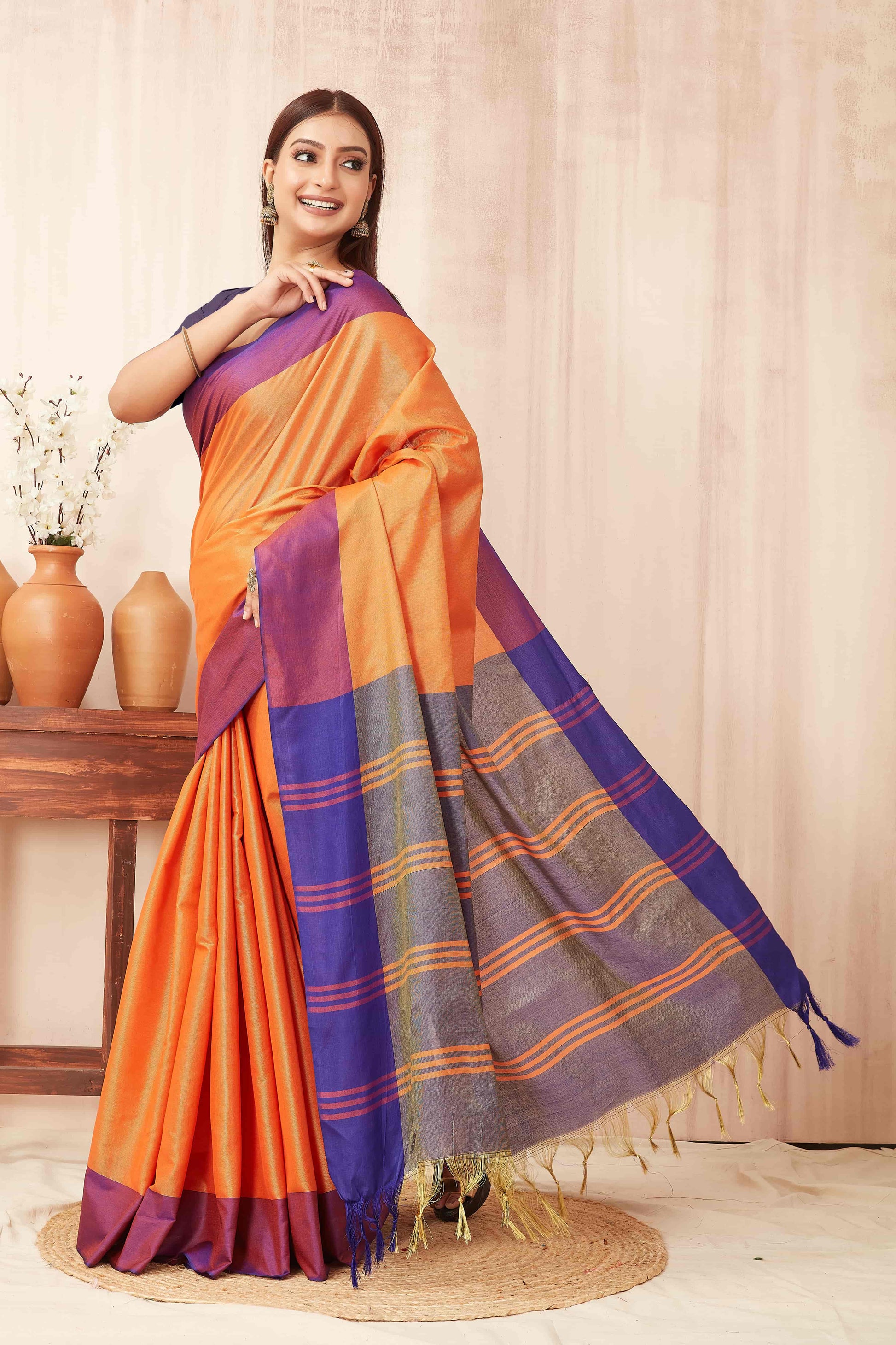 Hiral Fashion Orange Banarasi Soft Silk Solid Saree | Swadesiicart