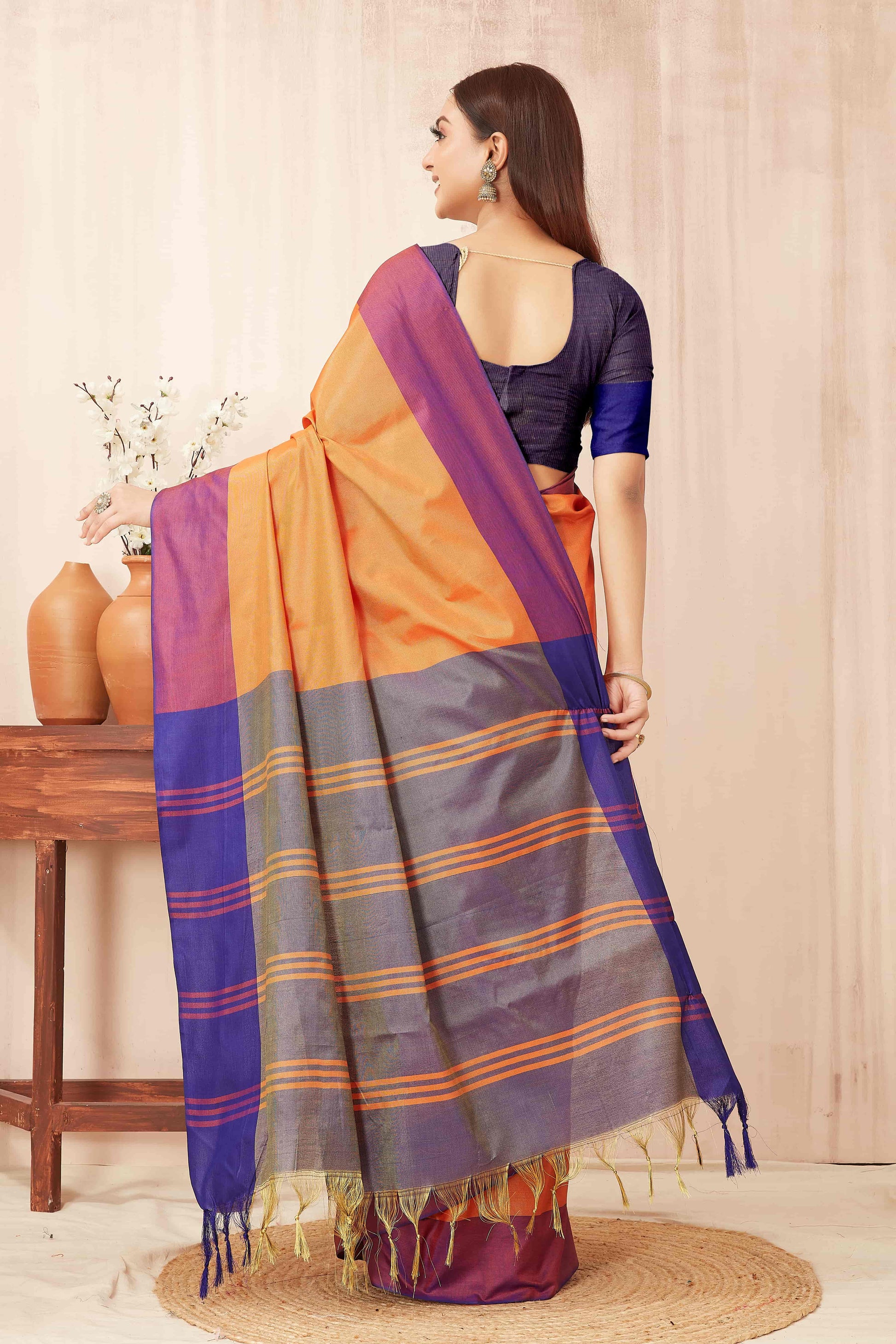 Hiral Fashion Orange Banarasi Soft Silk Solid Saree | Swadesiicart