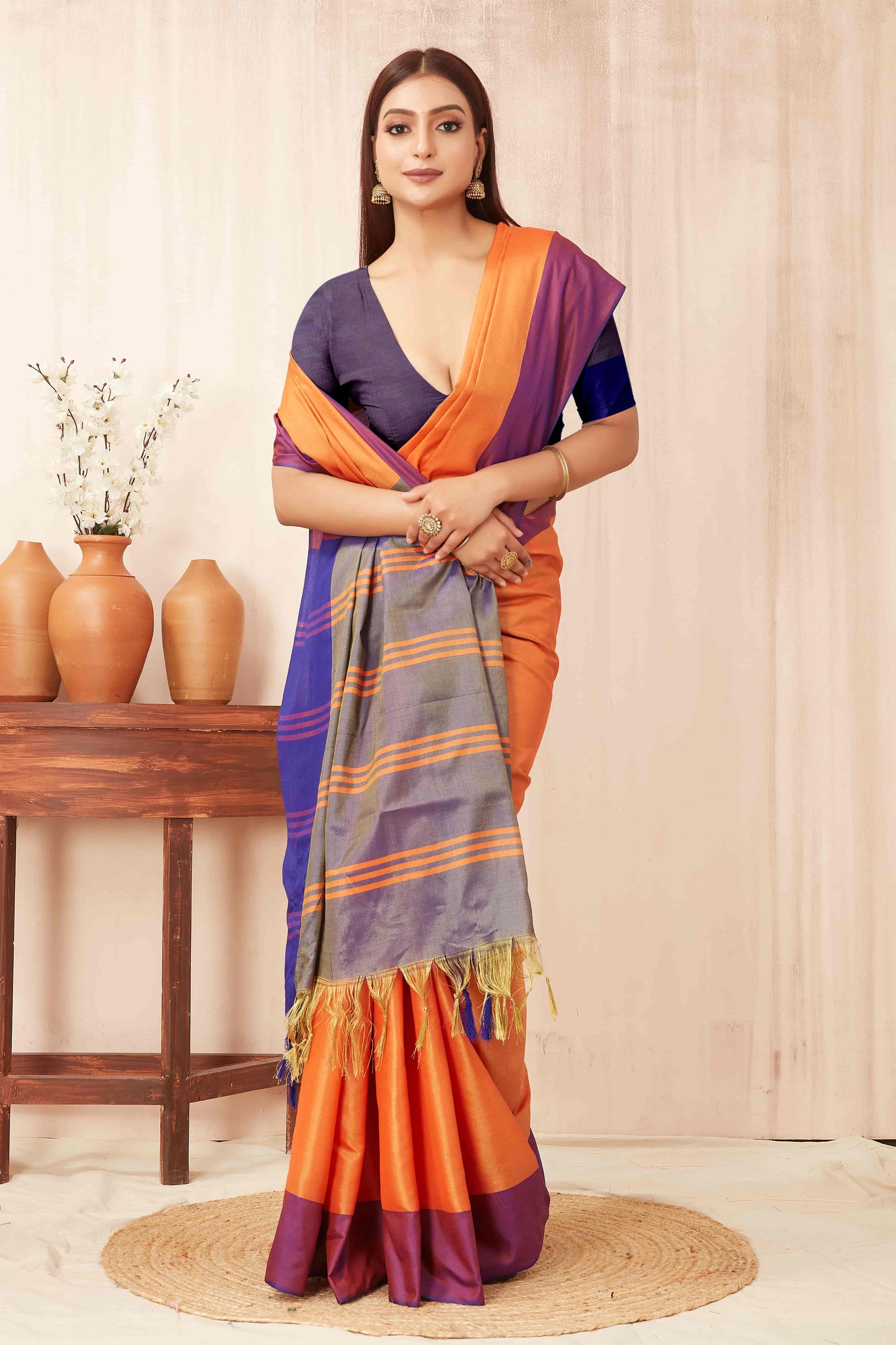 Hiral Fashion Orange Banarasi Soft Silk Solid Saree | Swadesiicart