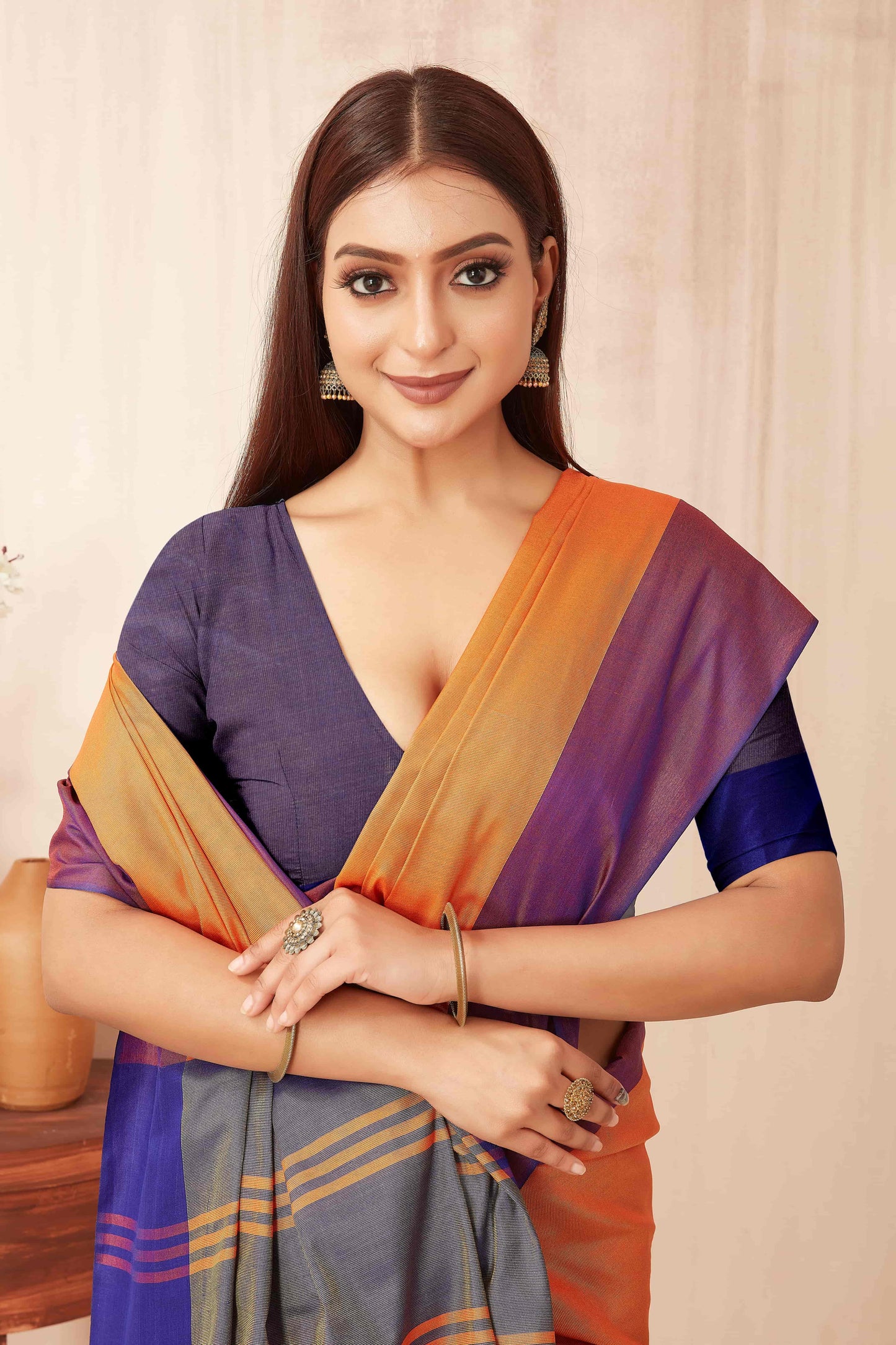 Hiral Fashion Orange Banarasi Soft Silk Solid Saree | Swadesiicart