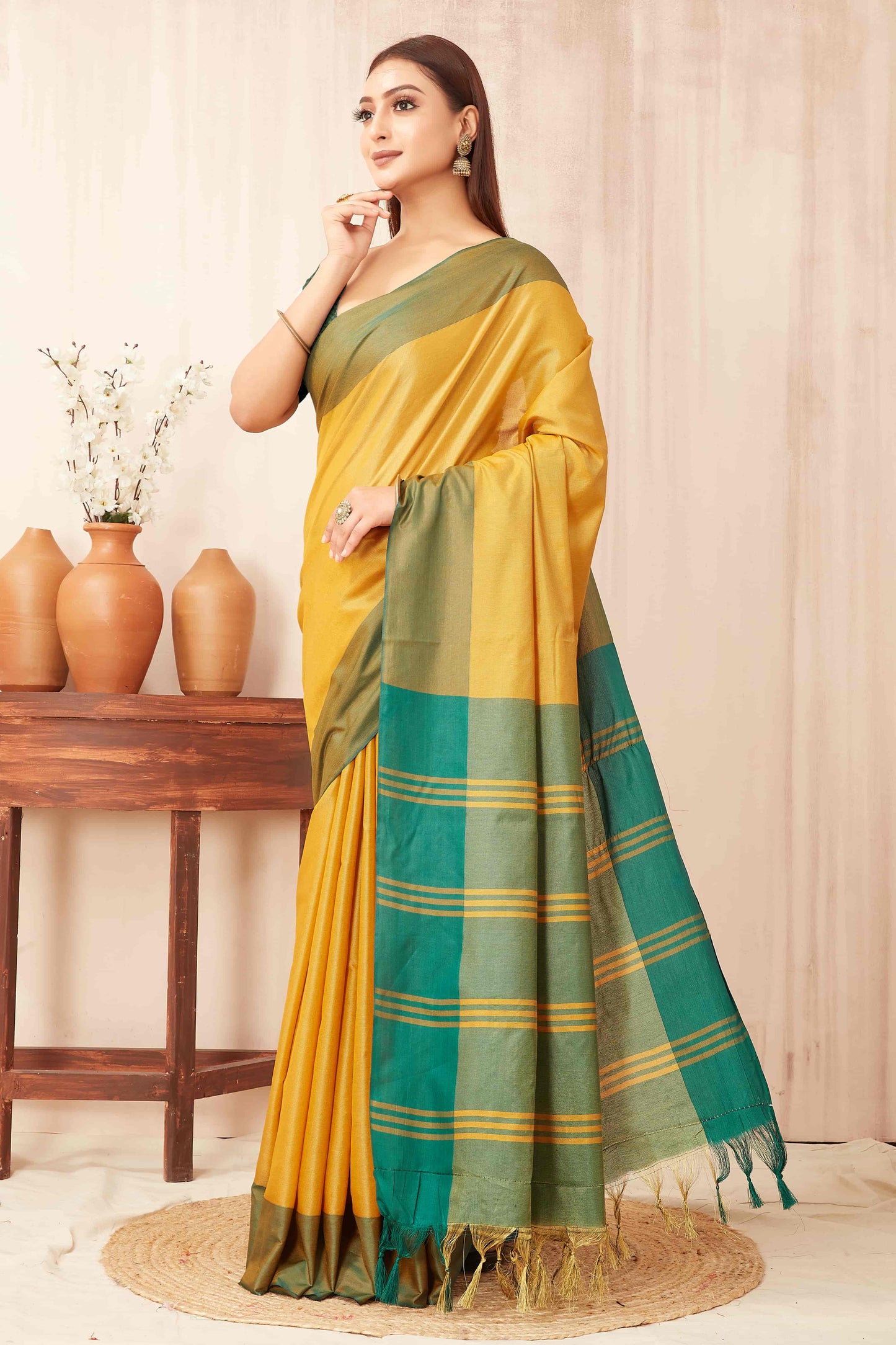 Hiral Fashion Yellow Banarasi Soft Silk Solid Saree | Swadesiicart