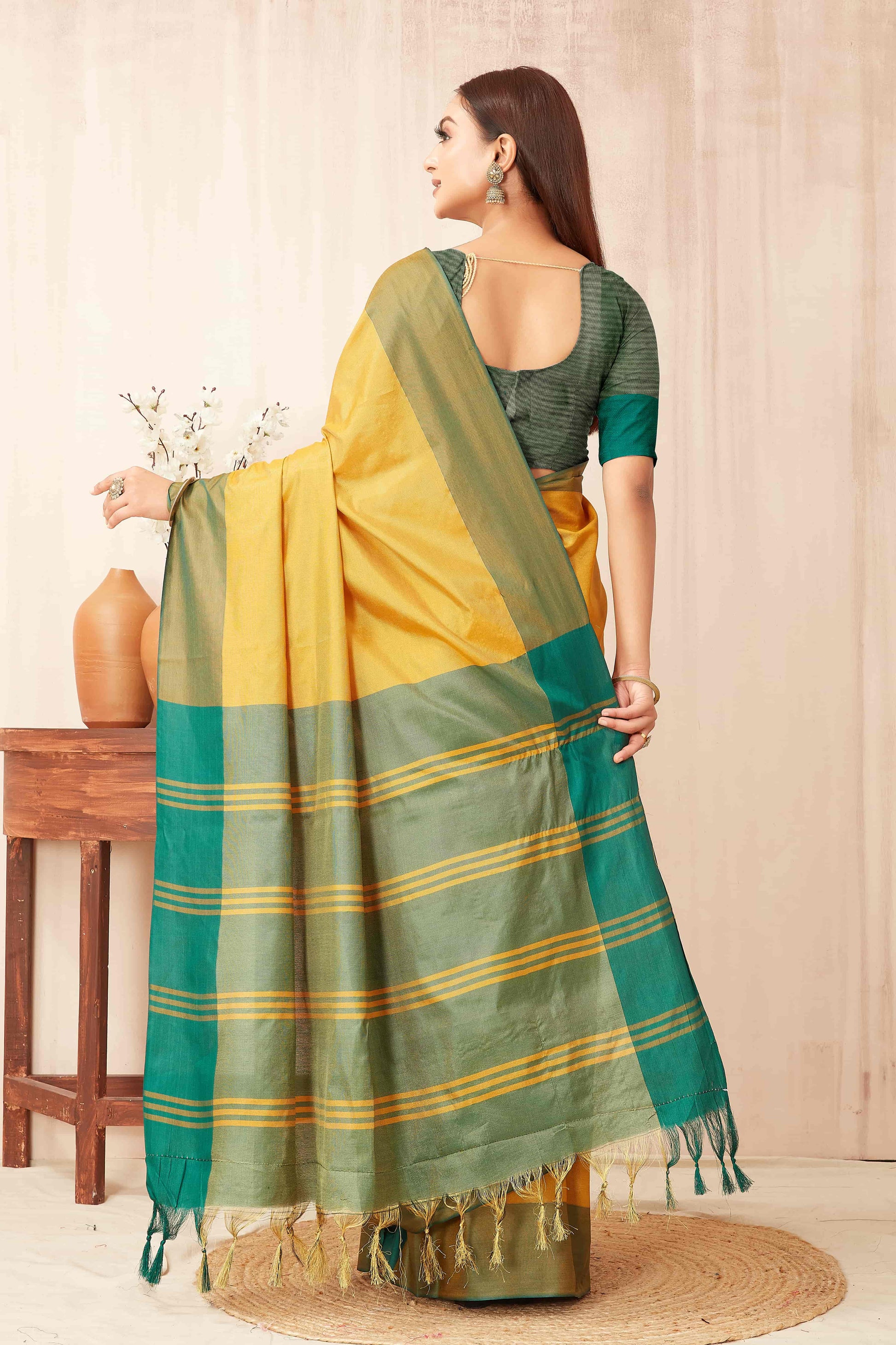 Hiral Fashion Yellow Banarasi Soft Silk Solid Saree | Swadesiicart