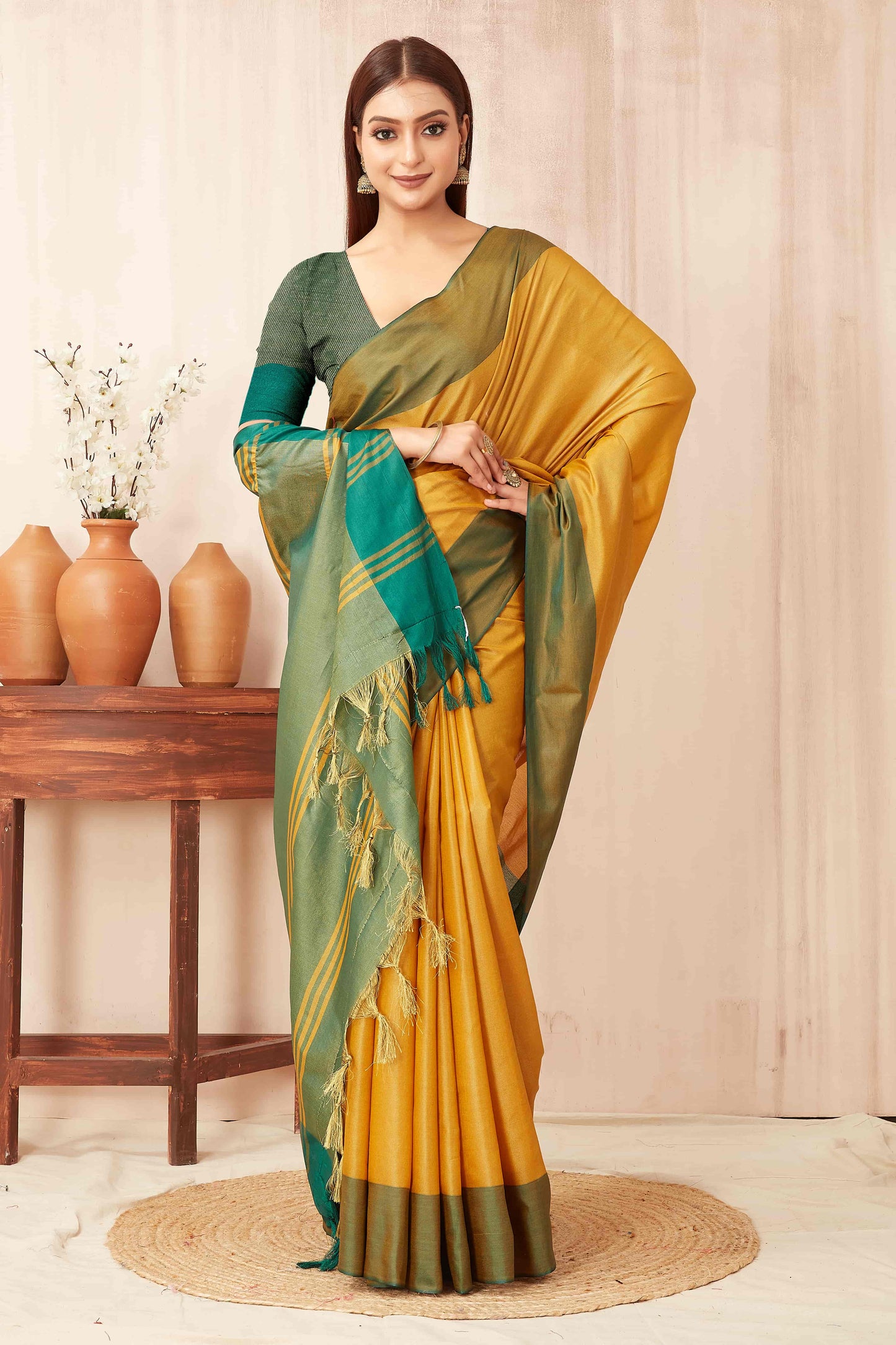 Hiral Fashion Yellow Banarasi Soft Silk Solid Saree | Swadesiicart