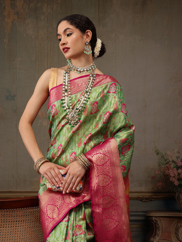 Green Pure Silk Woven Zari Design Floral Saree with Unstitched Blouse - Hiral Fashion | Swadesiicart