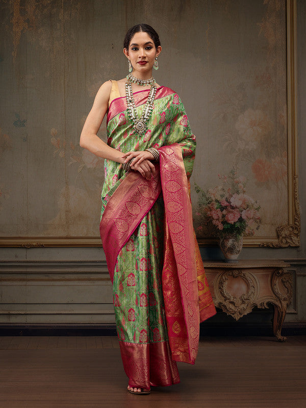 Green Pure Silk Woven Zari Design Floral Saree with Unstitched Blouse - Hiral Fashion | Swadesiicart