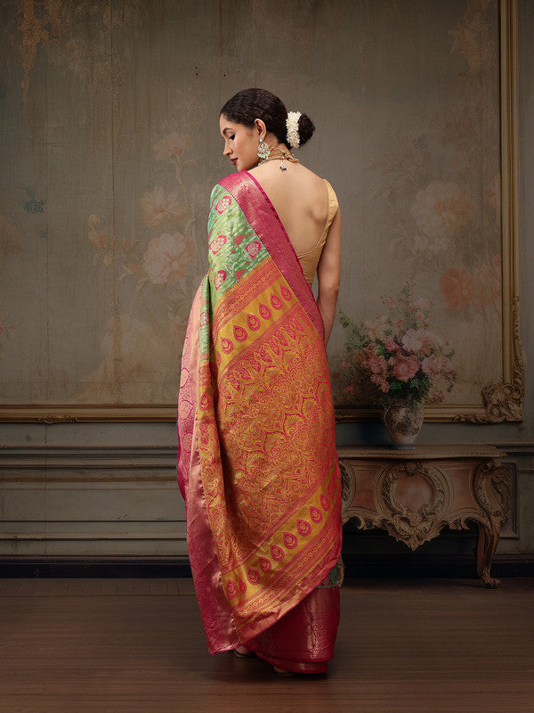 Green Pure Silk Woven Zari Design Floral Saree with Unstitched Blouse - Hiral Fashion | Swadesiicart