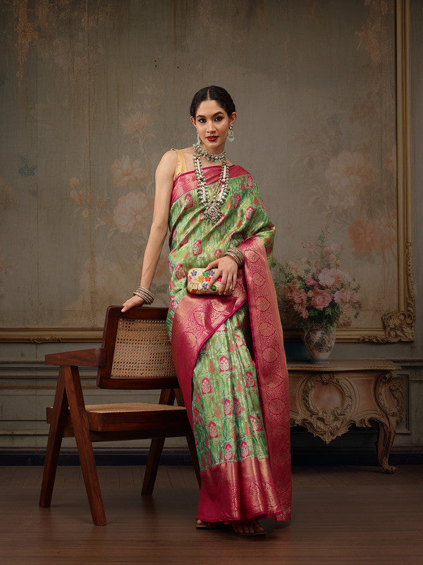 Green Pure Silk Woven Zari Design Floral Saree with Unstitched Blouse - Hiral Fashion | Swadesiicart