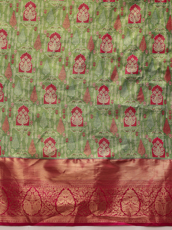 Green Pure Silk Woven Zari Design Floral Saree with Unstitched Blouse - Hiral Fashion | Swadesiicart