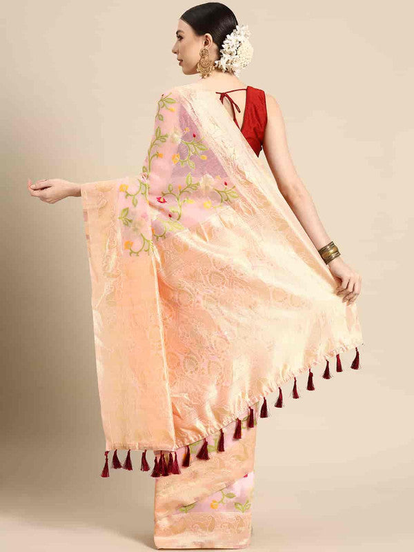 Light Pink Pure Cotton Woven Zari Design Floral Saree with Unstitched Blouse - Hiral Fashion | Swadesiicart