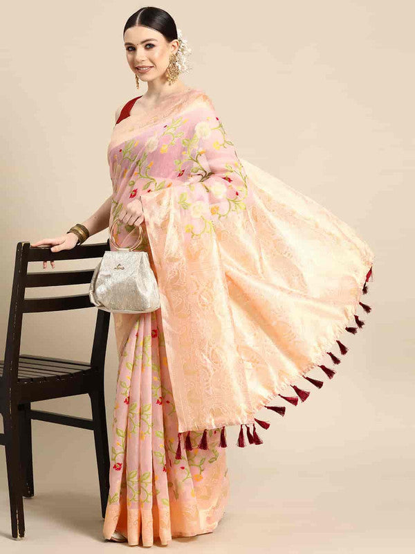 Light Pink Pure Cotton Woven Zari Design Floral Saree with Unstitched Blouse - Hiral Fashion | Swadesiicart