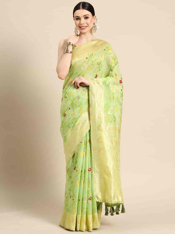 Green Pure Cotton Woven Zari Design Floral Saree with Unstitched Blouse - Hiral Fashion | Swadesiicart