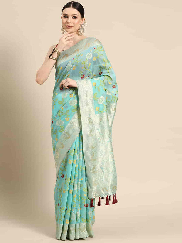 Turquoise Pure Cotton Woven Zari Design Floral Saree with Unstitched Blouse - Hiral Fashion | Swadesiicart