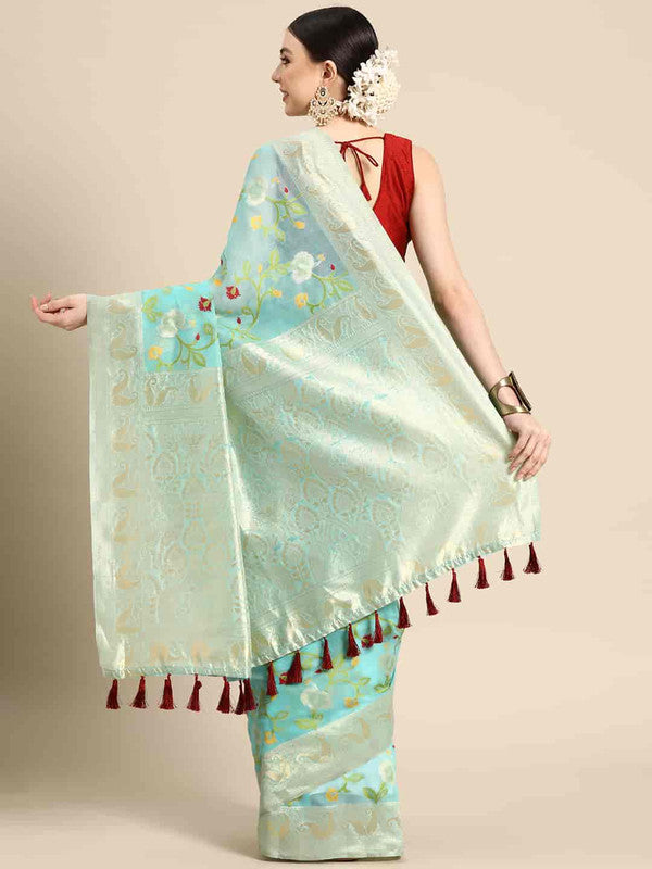 Turquoise Pure Cotton Woven Zari Design Floral Saree with Unstitched Blouse - Hiral Fashion | Swadesiicart