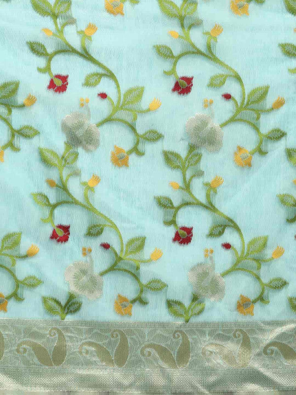 Turquoise Pure Cotton Woven Zari Design Floral Saree with Unstitched Blouse - Hiral Fashion | Swadesiicart