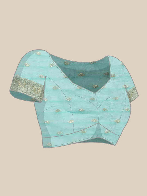 Turquoise Pure Cotton Woven Zari Design Floral Saree with Unstitched Blouse - Hiral Fashion | Swadesiicart