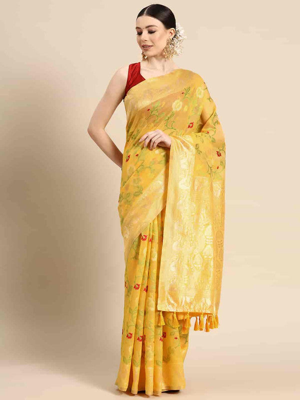 Yellow Pure Cotton Woven Zari Design Floral Saree with Unstitched Blouse - Hiral Fashion | Swadesiicart