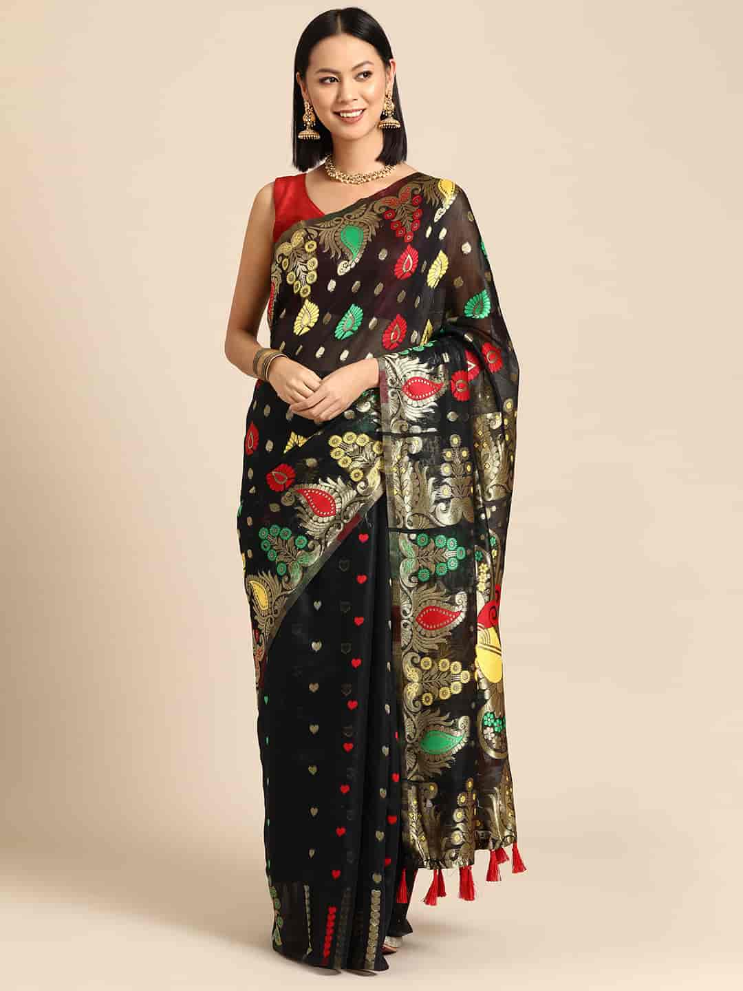 Black Pure Cotton Woven Zari Design Paisley Saree with Unstitched Blouse - Hiral Fashion | Swadesiicart