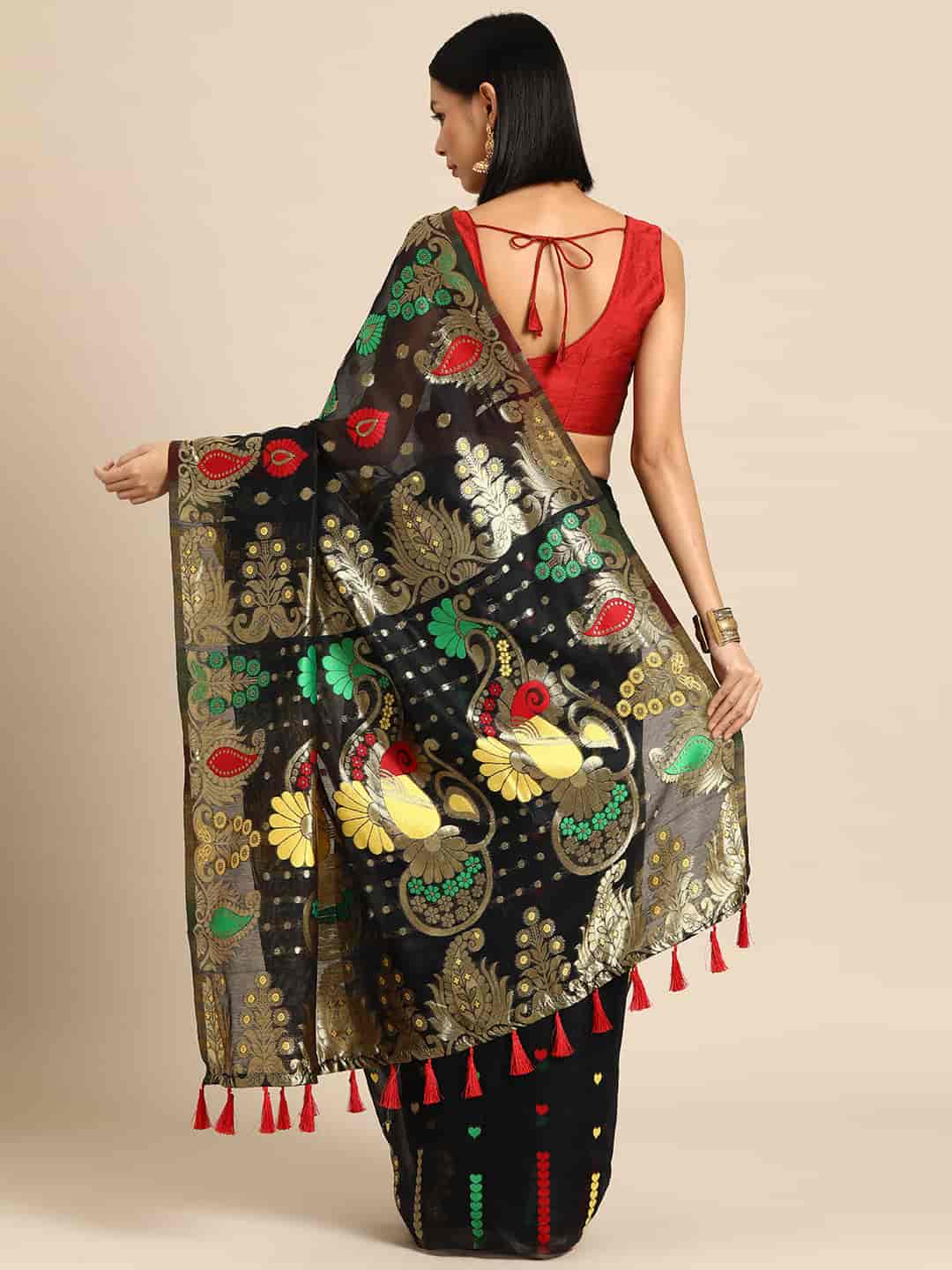 Black Pure Cotton Woven Zari Design Paisley Saree with Unstitched Blouse - Hiral Fashion | Swadesiicart