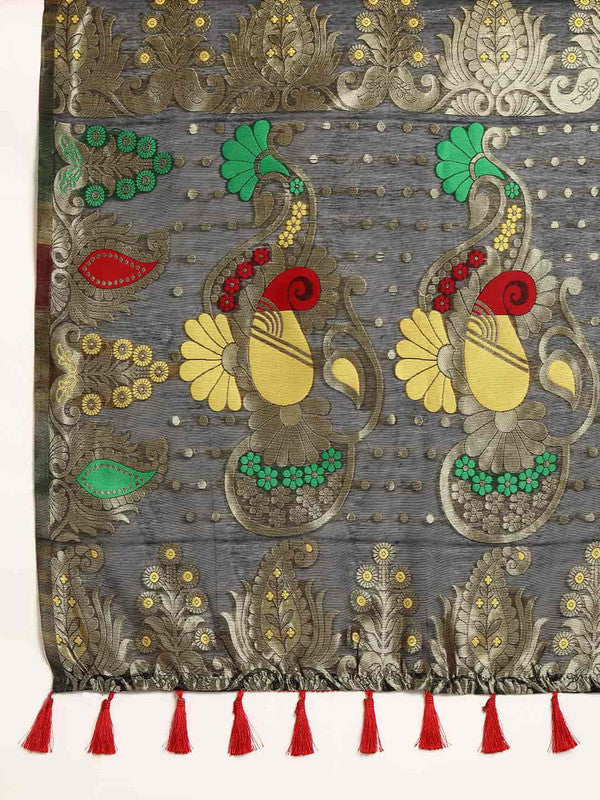 Black Pure Cotton Woven Zari Design Paisley Saree with Unstitched Blouse - Hiral Fashion | Swadesiicart