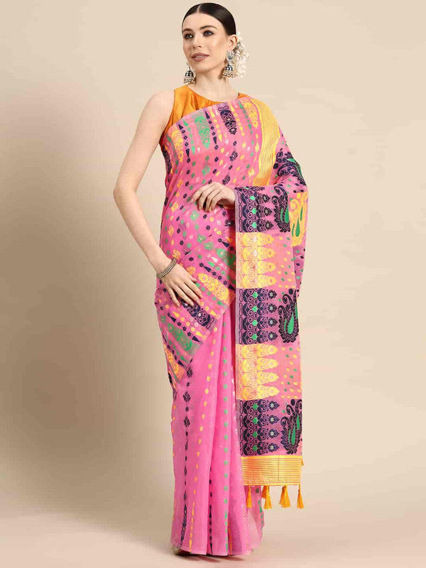 Pink Pure Cotton Woven Zari Design Paisley Saree with Unstitched Blouse - Hiral Fashion | Swadesiicart