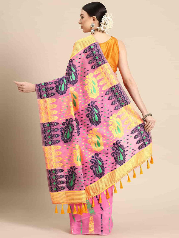 Pink Pure Cotton Woven Zari Design Paisley Saree with Unstitched Blouse - Hiral Fashion | Swadesiicart