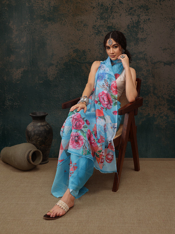 Blue Polyester Digital Print Abstract Saree with Unstitched Blouse - Hiral Fashion | Swadesiicart