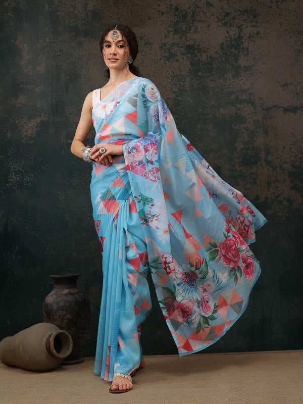 Blue Polyester Digital Print Abstract Saree with Unstitched Blouse - Hiral Fashion | Swadesiicart