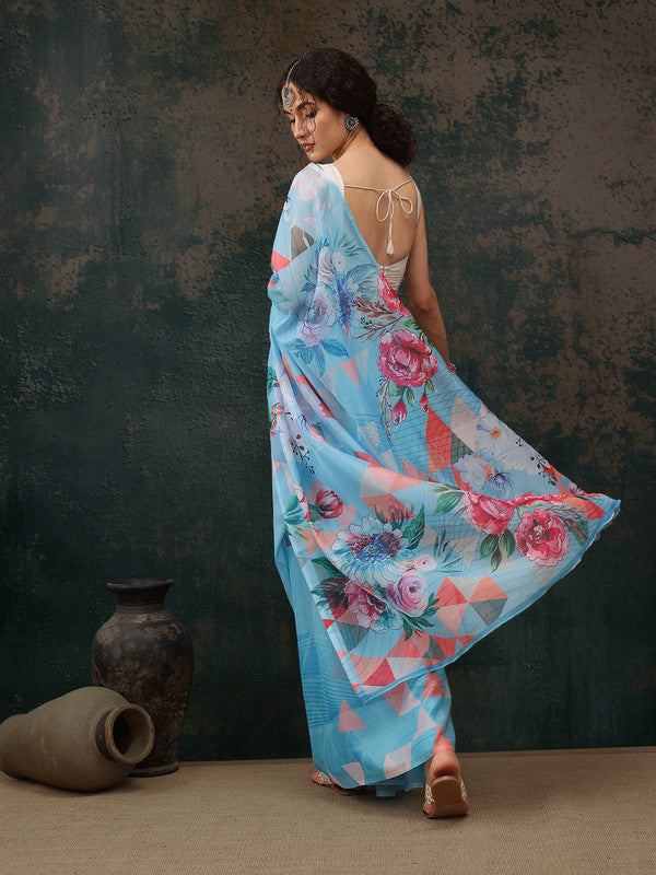 Blue Polyester Digital Print Abstract Saree with Unstitched Blouse - Hiral Fashion | Swadesiicart